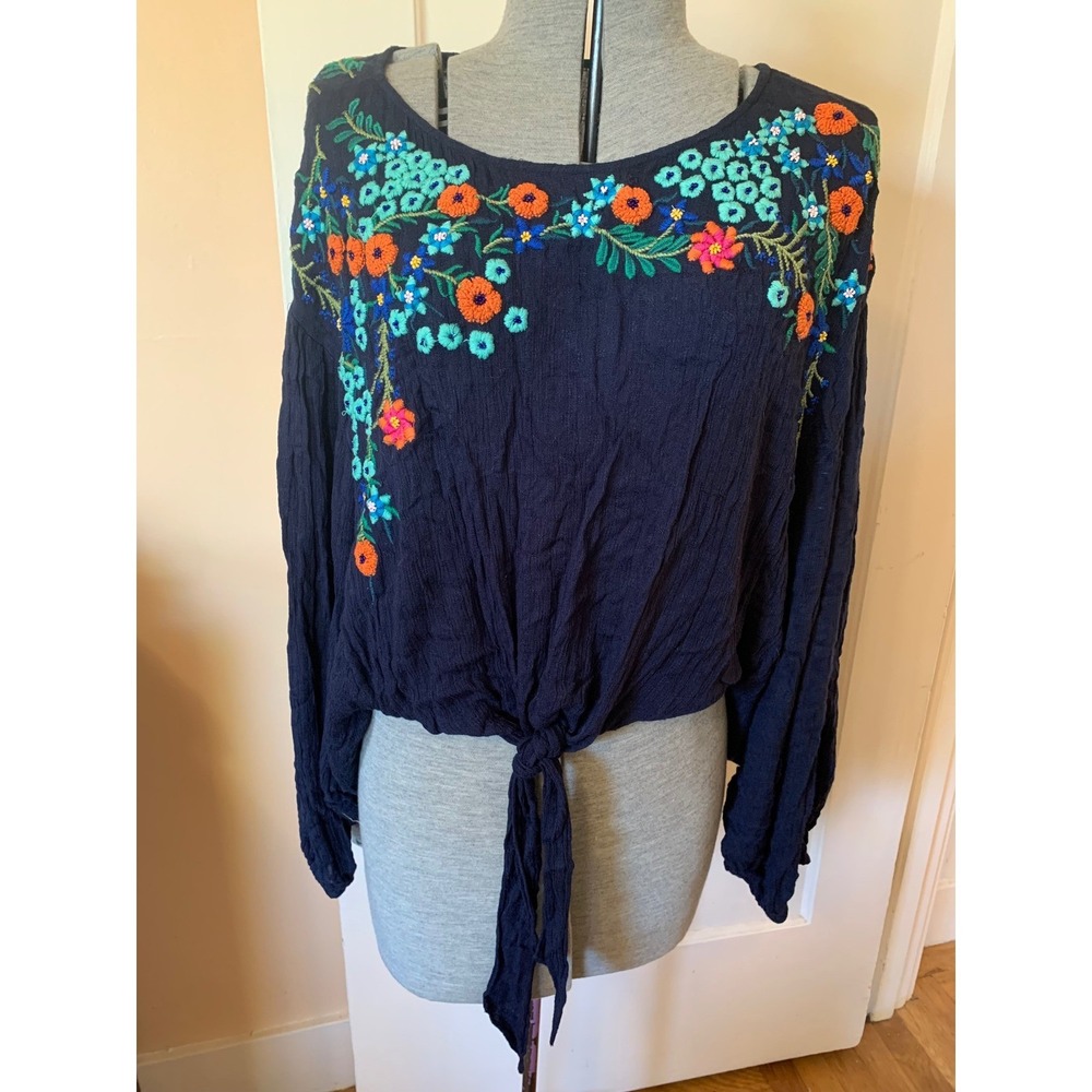 Free People Navy Blue Floral Embroidered Tie Front Boho Blouse S Gauze Oversize
